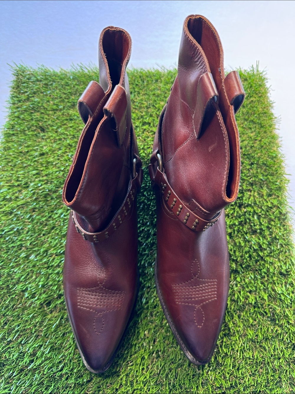 Vintage Foundry Co. Brown Leather Ankle Boots with Studded Harness